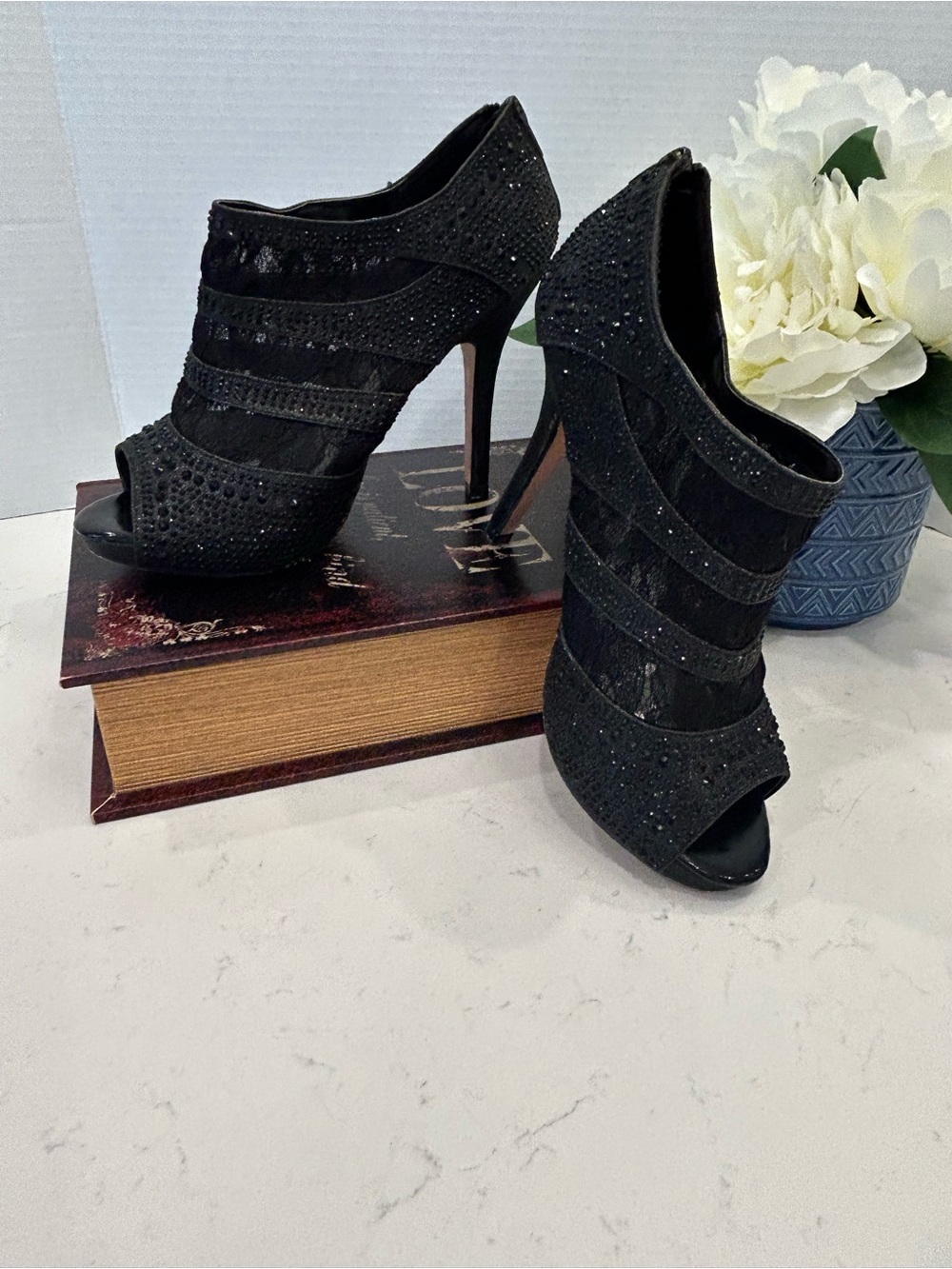 Deb Black Crystal-Embellished Peep-Toe Stiletto Booties